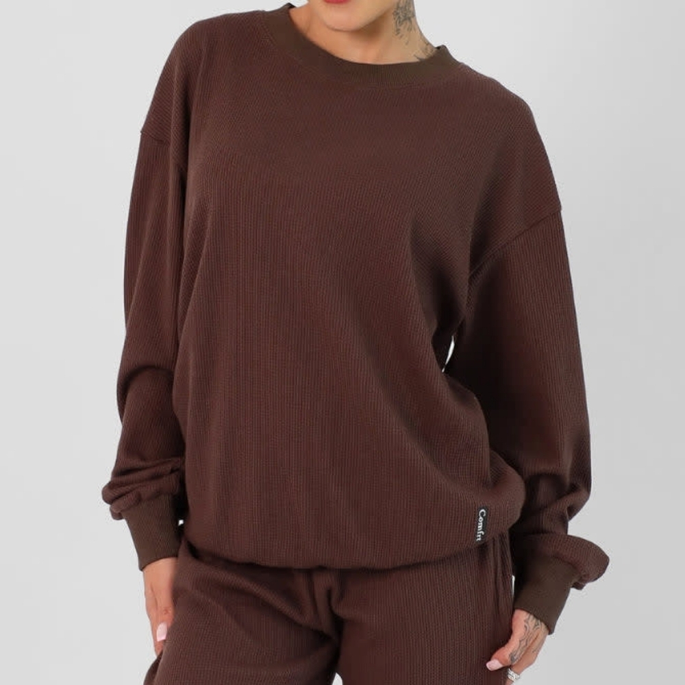 🤑PRICE FIRM🥰 ❤️NIP!!❤️ COMFRT WAFFLE LOUNGE CREW LONG SLEEVE TOP COCOA Medium
